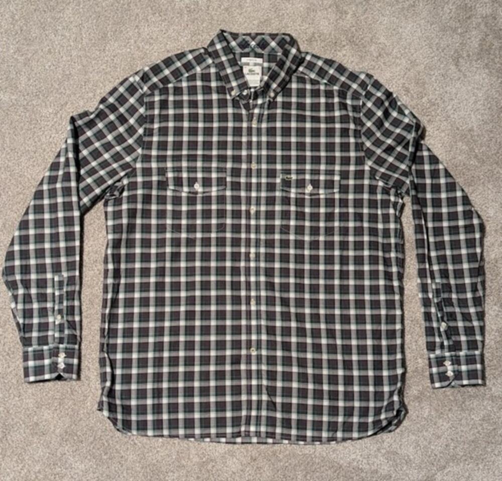 Lacoste Mens Grey and Green Plaid Modern Fit Long Sleeve button down shirt Sz 44